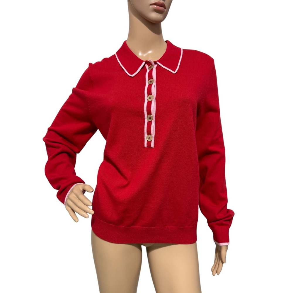 Boden Red Pink Trim Collared Knit Sweater Large Cotton Wool Blend Preppy Top - Picture 5 of 9